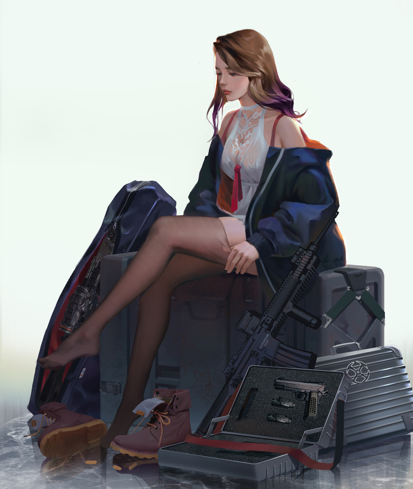 1girl adjusting_clothes adjusting_legwear assault_rifle black_legwear blue_jacket boots_removed breasts brown_hair character_request chen_hg crate dress from_side full_body girls_frontline gun gun_case halterneck handgun highres jacket large_breasts lipstick long_sleeves machine_gun makeup open_clothes open_jacket pantyhose parted_lips pistol red_lipstick rifle scope sitting sleeveless sleeveless_dress solo thigh-highs weapon white_dress