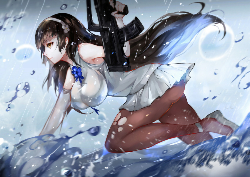 1girl assault_rifle bad_anatomy breasts brown_eyes brown_hair brown_legwear bullpup cleavage girls_frontline gun hairband highres holding holding_gun holding_weapon large_breasts long_hair pantyhose profile qbz-95 qbz-95_(girls_frontline) rain rifle skirt torn_clothes torn_pantyhose vardan very_long_hair water weapon white_footwear white_skirt