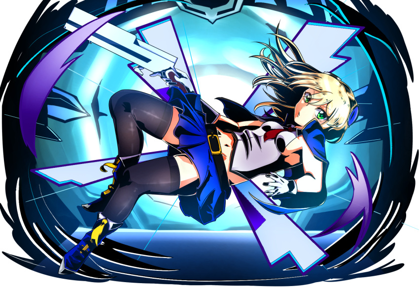 1girl blazblue blazblue:_chronophantasma blonde_hair bolverk full_body gloves green_eyes highres long_hair noel_vermillion solo thigh-highs weapon