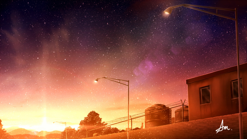 alu.m_(alpcmas) barbed_wire building chain-link_fence fence hill lamppost lens_flare light_particles night night_sky no_humans original scenery signature sky star_(sky) starry_sky sunset tree