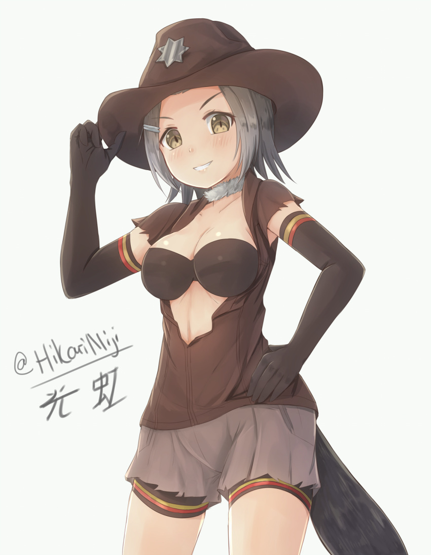 1girl american_beaver_(kemono_friends) beaver_tail bike_shorts black_bra black_gloves black_shorts blush bra breasts breasts_outside brown_eyes brown_hair brown_hat brown_shirt collarbone cowboy_shot elbow_gloves fur_collar gloves grin hair_ornament hairclip hand_on_hip hat highres hikari_niji kemono_friends looking_at_viewer medium_breasts open_clothes open_shirt shirt short_sleeves shorts smile solo star striped striped_gloves striped_shorts twitter_username underwear