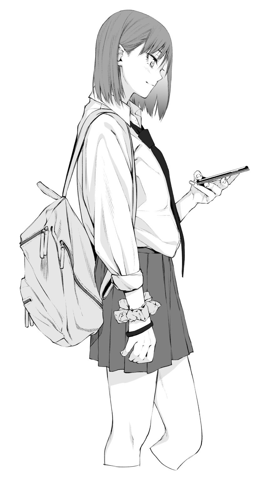 1girl absurdres bag bob_cut bracelet breast_pocket cellphone closed_mouth contrapposto cropped_legs from_side greyscale highres holding holding_phone jewelry long_sleeves looking_down monochrome necktie original phone pleated_skirt pocket school_bag school_uniform scrunchie shirt simple_background skirt smartphone smile solo standing vice_(kuronekohadokoheiku) white_background wrist_scrunchie