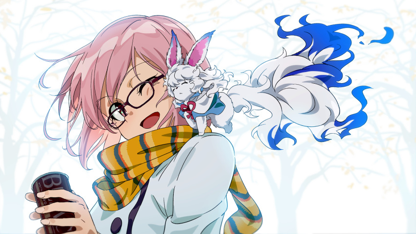 1girl :d anime_coloring bare_tree black-framed_eyewear creature eyebrows_visible_through_hair fate/grand_order fate_(series) glasses highres holding long_sleeves looking_at_another on_shoulder one_eye_closed open_mouth outdoors pink_eyes pink_hair scarf shielder_(fate/grand_order) short_hair smile tomato_(lsj44867) tree