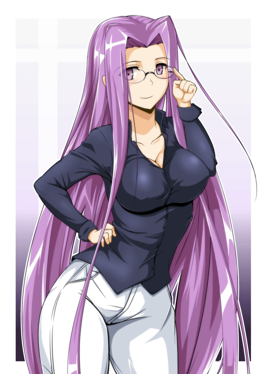 1girl absurdres breasts casual cleavage denim fate/stay_night fate_(series) glasses hand_on_hip highres jeans large_breasts long_hair looking_at_viewer mature pants purple_hair rider sangyou_haikibutsu_a shirt smile solo standing very_long_hair violet_eyes