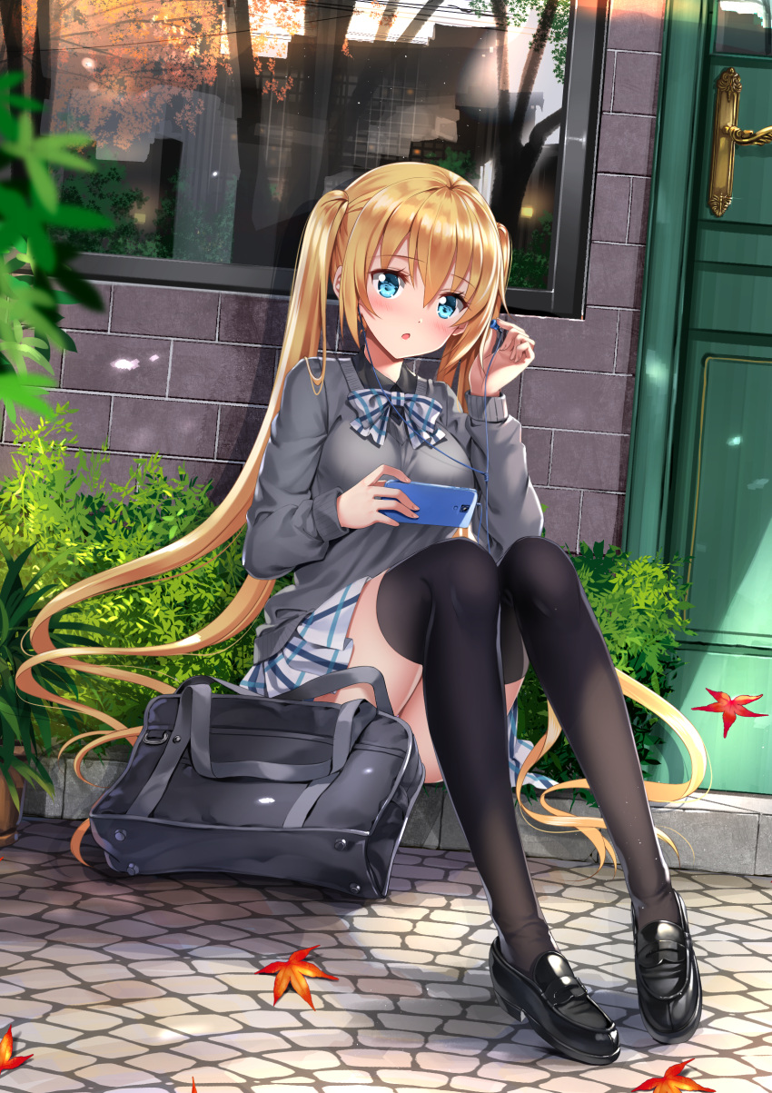 1girl :o absurdres autumn_leaves bag bangs black_footwear black_legwear black_shirt blend_s blonde_hair blue_eyes blush bookbag bow bowtie bush cellphone collared_shirt commentary_request day door dutch_angle earphones earphones eyebrows_visible_through_hair fingernails grey_sweater hair_between_eyes highres hinata_kaho holding leaf long_hair long_sleeves looking_at_viewer maple_leaf outdoors parted_lips phone plaid plaid_neckwear plaid_skirt pleated_skirt school_bag school_uniform shirt shoes sidelocks sitting skirt smartphone solo swordsouls thigh-highs twintails very_long_hair window