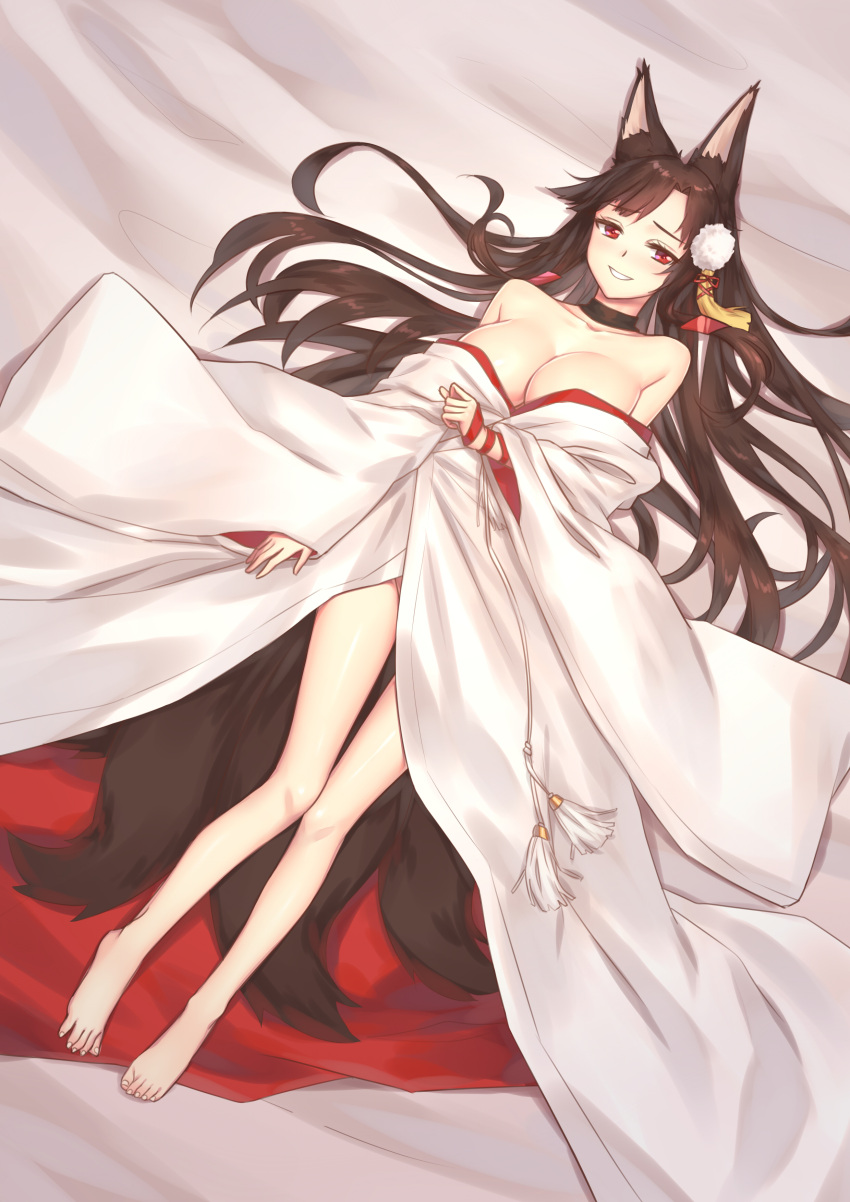 1girl :d absurdres akagi_(azur_lane) animal_ears azur_lane bare_shoulders bed_sheet black_hair breasts chi_yei choker cleavage collarbone commentary_request fox_ears fox_tail hair_ornament highres japanese_clothes kimono kitsune large_breasts long_hair looking_at_viewer lying multiple_tails open_mouth red_eyes smile solo tail uchikake