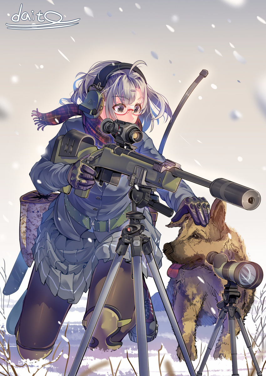 1girl absurdres artist_name bolt_action daito dog glasses gloves gun headphones highres knee_pads long_hair long_sleeves military military_uniform original pantyhose petting rifle scarf scope short_hair skirt sniper_rifle snow snowing spotting_scope suppressor tactical_clothes tongue tongue_out trigger_discipline tripod uniform weapon wind