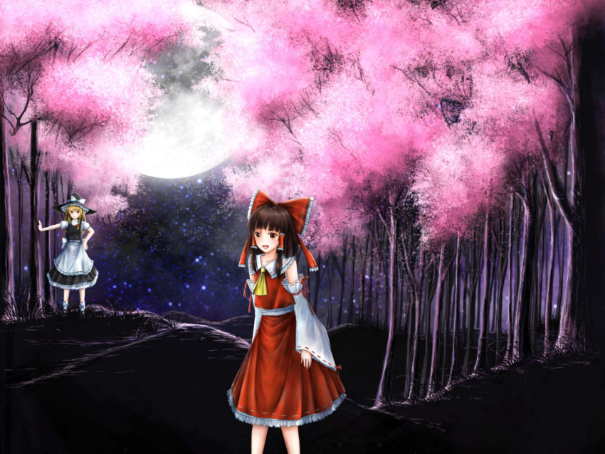 2girls aihashi_i ascot black_hair blonde_hair bow cherry_blossoms detached_sleeves forest hair_bow hair_ornament hakurei_reimu hat hat_ribbon highres japanese_clothes kirisame_marisa miko moon multiple_girls nature night ribbon scenery skirt smile touhou witch_hat