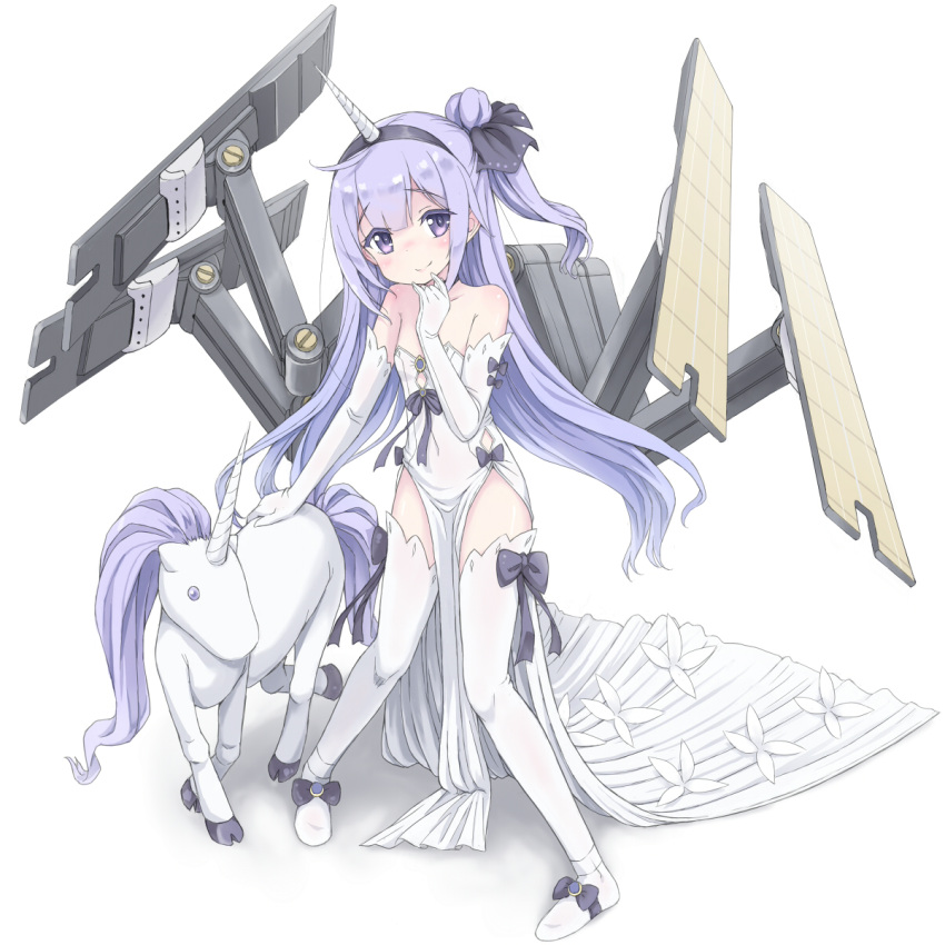 1girl animal azur_lane bangs bare_shoulders black_ribbon blush closed_mouth collarbone commentary_request dress elbow_gloves eyebrows_visible_through_hair full_body gloves hair_bun hair_ribbon head_tilt highres horn kimagure_blue legs_apart long_hair looking_at_viewer machinery one_side_up pelvic_curtain purple_hair ribbon shoes side_bun simple_background smile solo standing strapless strapless_dress thigh-highs unicorn unicorn_(azur_lane) very_long_hair violet_eyes white_background white_dress white_footwear white_gloves white_legwear