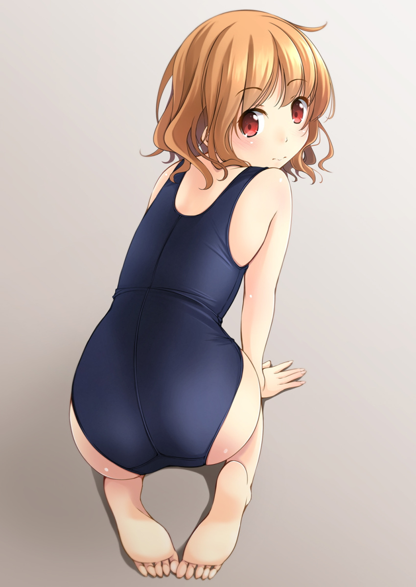 1girl all_fours ass barefoot brown_hair from_behind gradient gradient_background grey_background highres looking_at_viewer looking_back original red_eyes school_swimsuit shibacha_(shibacha_0728) short_hair solo swimsuit wavy_hair