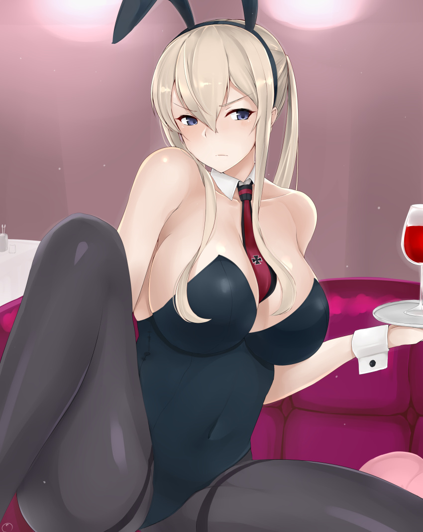 &gt;:( 1girl absurdres animal_ears bare_shoulders between_breasts black_hairband black_legwear black_leotard blonde_hair blue_eyes breasts bunny_girl bunnysuit cleavage closed_mouth couch covered_navel cup drinking_glass fake_animal_ears graf_zeppelin_(kantai_collection) hair_between_eyes hairband highres holding holding_tray kantai_collection large_breasts leotard long_hair looking_at_viewer maruya1006 necktie necktie_between_breasts on_couch pantyhose rabbit_ears red_neckwear sidelocks sitting solo spread_legs strapless strapless_leotard thighband_pantyhose tray wine_glass wrist_cuffs