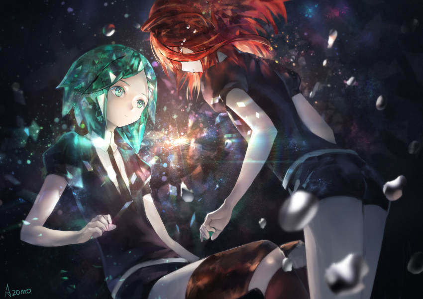 androgynous avamone black_legwear black_neckwear black_shirt black_shorts floating from_side green_eyes green_hair highres houseki_no_kuni looking_at_another looking_at_viewer looking_to_the_side necktie phosphophyllite puffy_short_sleeves puffy_sleeves red_eyes redhead shinsha_(houseki_no_kuni) shirt short_hair short_sleeves shorts signature thigh-highs white_shirt wing_collar