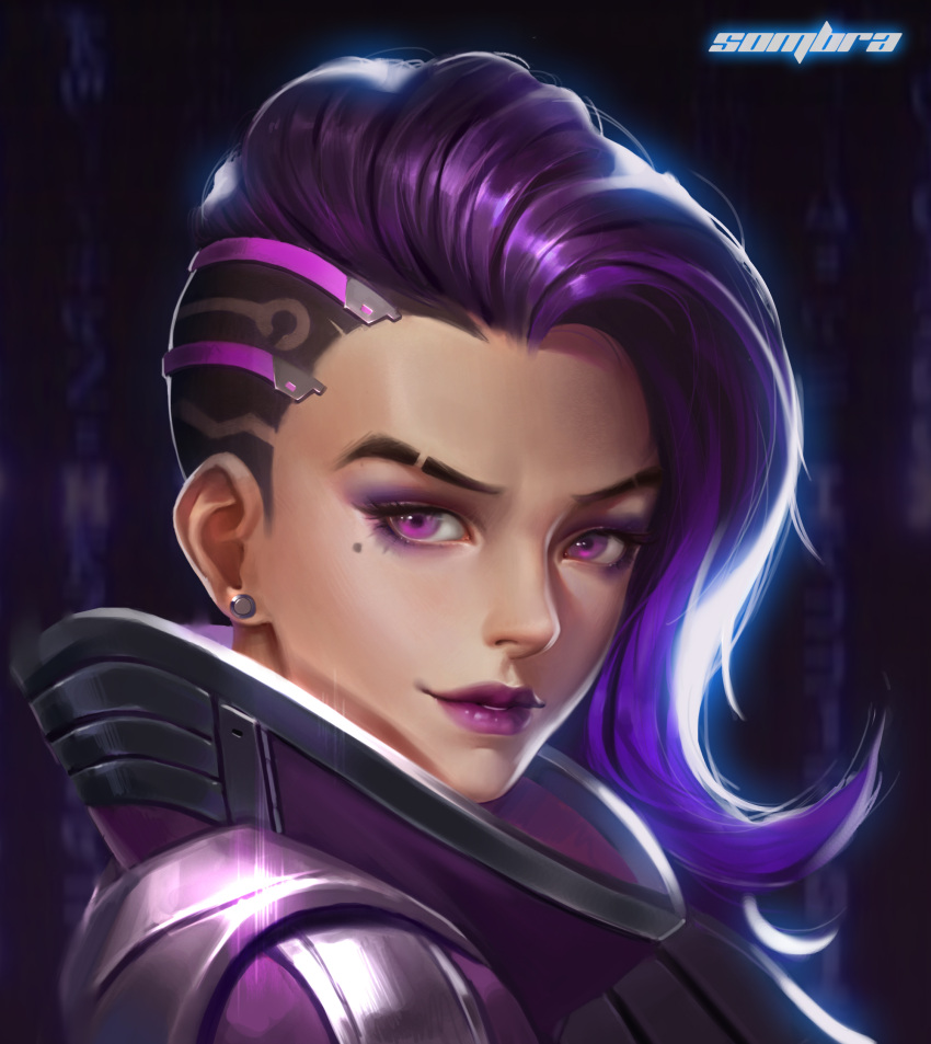 1girl asymmetrical_hair bodysuit character_name coat dark_background earrings eyelashes eyeliner eyeshadow glint gradient high_collar highres jewelry light_smile lipstick long_hair looking_at_viewer makeup mascara mole mole_under_eye nose overwatch parted_lips patterned_background portrait purple_hair purple_lips purple_lipstick realistic solo sombra_(overwatch) stud_earrings turtleneck undercut upper_body violet_eyes zhen_guodong