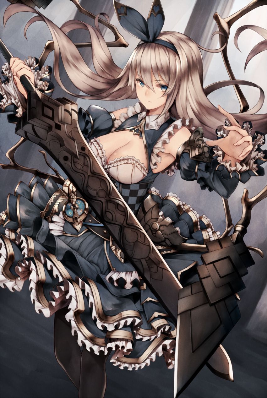 1girl armor armored_dress bangs black_legwear blue_eyes breasts checkered cleavage cleavage_cutout detached_sleeves dress eyebrows_visible_through_hair frilled_dress frilled_sleeves frills grey_hair hair_between_eyes hairband highres holding holding_sword holding_weapon inaba_sunimi long_hair looking_at_viewer medium_breasts original pantyhose revision roman_numerals simple_background solo sword underbust weapon white_background