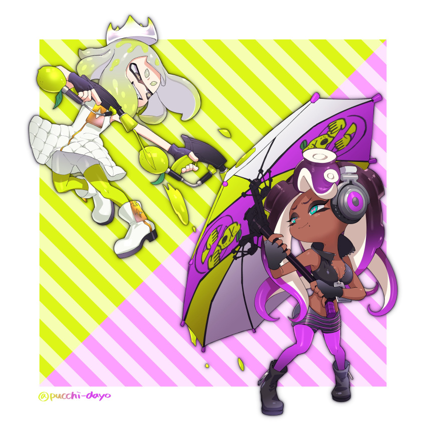 2girls absurdres bare_shoulders breasts cleavage crop_top crown dark_skin domino_mask fingerless_gloves full_body gloves green_eyes gun highres hime_(splatoon) iida_(splatoon) long_hair mask midriff mole mole_under_mouth multicolored_hair multiple_girls octarian pantyhose puchiman purple_hair sleeveless smile splatoon splatoon_2 tentacle_hair umbrella weapon white_hair yellow_eyes zipper