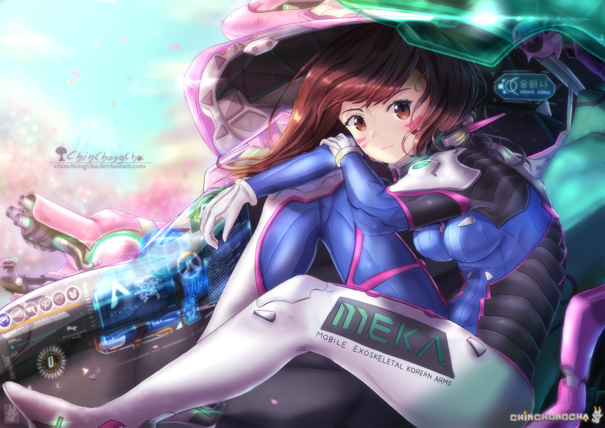 1girl blurry blurry_background bodysuit breasts brown_eyes brown_hair cherry_blossoms chinchongcha closed_mouth clothes_writing d.va_(overwatch) day deviantart_username facepaint facial_mark gloves headphones headphones_around_neck highres interface long_hair looking_at_viewer mecha medium_breasts meka_(overwatch) overwatch pilot_suit ribbed_bodysuit shoulder_pads sitting smile solo tagme whisker_markings white_gloves
