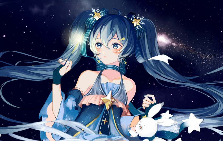 1girl ahoge blue_dress blue_eyes blue_hair blue_nails blue_neckwear blush choker closed_mouth detached_sleeves dress fingernails fireworks hair_between_eyes hair_ornament hairclip hand_up hatsune_miku highres long_hair looking_away looking_to_the_side nail_polish p2_(uxjzz) rabbit sparkler star starry_background twintails very_long_hair vocaloid