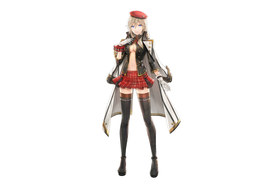 1girl absurdres alisa_ilinichina_amiella bangs beret black_legwear blue_eyes boots breasts checkered checkered_skirt cleavage full_body gloves god_eater god_eater_resonant_ops hat highres jacket_on_shoulders long_hair long_sleeves looking_at_viewer medium_breasts miniskirt navel official_art simple_background skirt smile solo standing thigh-highs thigh_boots unbuttoned unbuttoned_shirt white_background white_gloves zettai_ryouiki