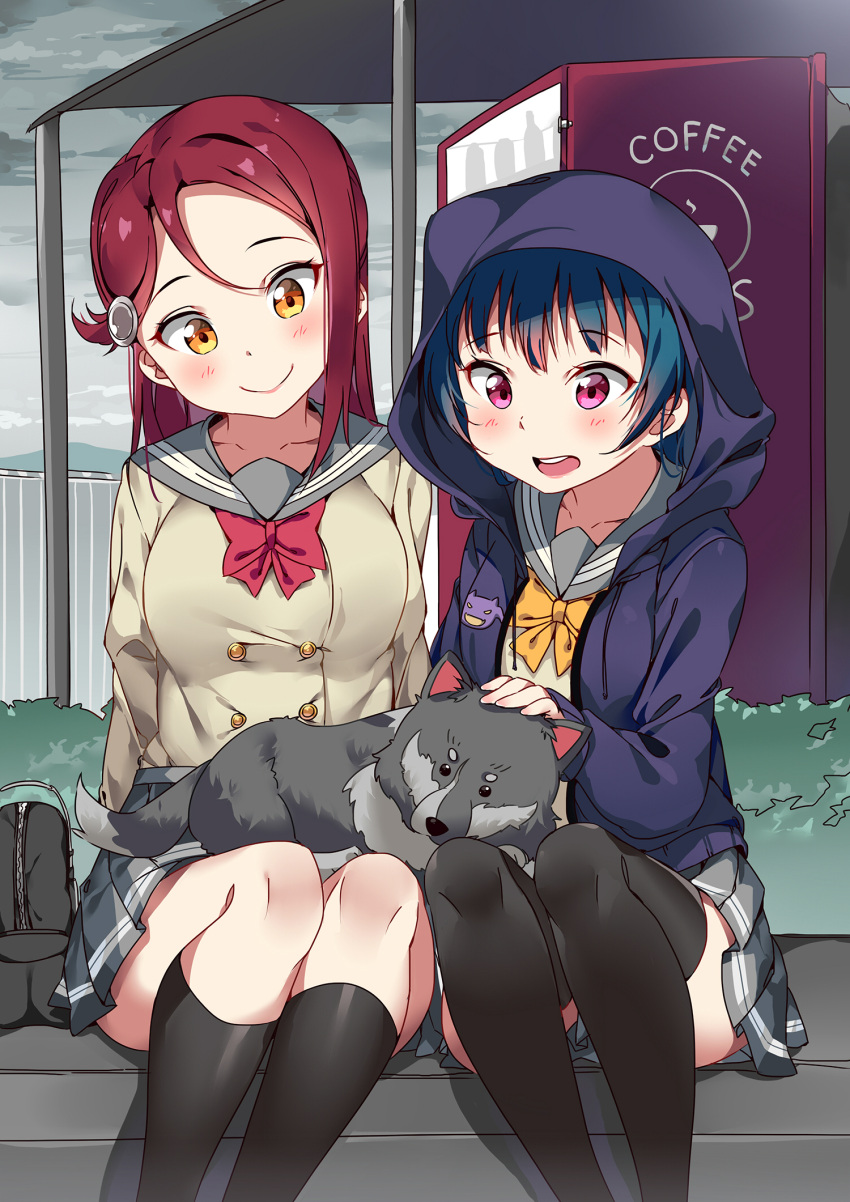 animal animal_on_lap anko_(love_live!_sunshine!!) bag bangs black_legwear blue_hair blush bow bowtie bus_stop dog double-breasted hair_ornament hairclip highres hood hooded_jacket jacket kneehighs long_sleeves love_live! love_live!_sunshine!! open_mouth petting pleated_skirt purple_jacket red_neckwear redhead sakurauchi_riko school_bag school_uniform serafuku sitting skirt smile tem10 thigh-highs tsushima_yoshiko uranohoshi_school_uniform vending_machine violet_eyes yellow_eyes yellow_neckwear