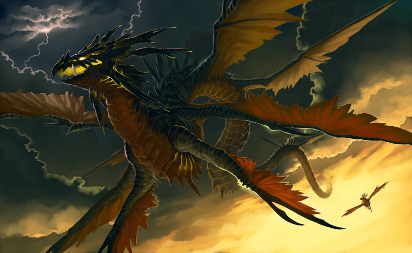 clouds cloudy_sky commentary_request dragon fang fantasy flying griffin highres horns lightning multiple_wings no_humans pixiv_fantasia pixiv_fantasia_new_world sharp_teeth sky teeth wings yellow_eyes yellow_sky yuzu_shio