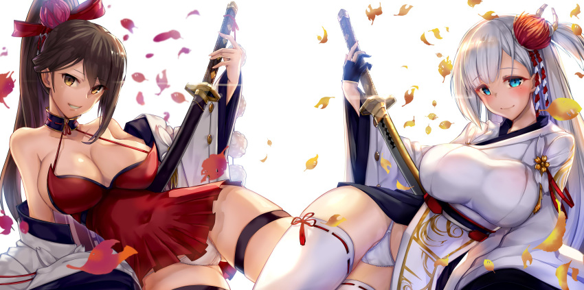 2girls absurdres arm_support azur_lane bangs bare_shoulders blue_eyes blurry blush breasts brown_hair cleavage closed_mouth collarbone covered_navel depth_of_field dress eyebrows_visible_through_hair falling_leaves flower gluteal_fold grin hair_flower hair_ornament hair_ribbon highres japanese_clothes katana kimono large_breasts leaf long_hair long_sleeves looking_at_viewer multiple_girls off_shoulder open_clothes panties parted_lips ponytail red_dress red_ribbon ribbon ribbon_trim satou_daiji sheath sheathed short_dress short_hair shoukaku_(azur_lane) simple_background smile sword teeth thigh-highs thigh_strap underwear upskirt very_long_hair weapon white_background white_hair white_kimono white_legwear white_panties yellow_eyes zuikaku_(azur_lane)