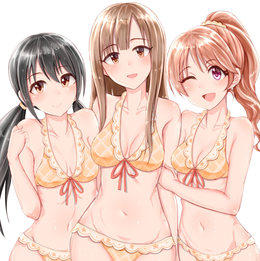 3girls :d ;d arms_behind_back asymmetrical_bangs bangs bare_arms bare_shoulders black_hair blush bra breasts brown_eyes cleavage closed_mouth collarbone front-tie_bra groin hand_on_another's_arm head_tilt highres idolmaster idolmaster_cinderella_girls lips long_hair looking_at_viewer low_twintails medium_breasts mizumoto_yukari multiple_girls nakano_yuka navel one_eye_closed open_mouth orange_bra orange_panties panties pink_eyes plaid plaid_bra plaid_panties ponytail red_ribbon redhead ribbon shiina_noriko shiny shiny_hair shiny_skin shirushiru_(saitou888) sidelocks simple_background small_breasts smile stomach tareme twintails underwear underwear_only upper_body wavy_hair white_background