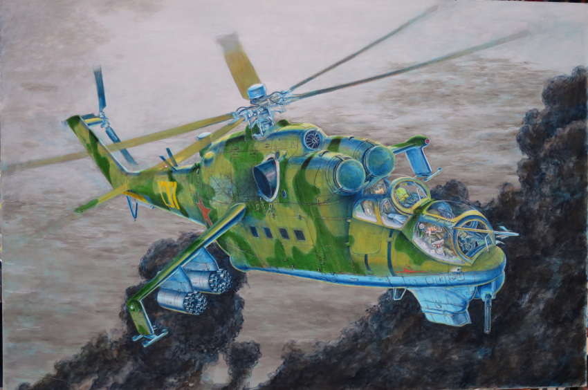 2boys absurdres acrylic_paint_(medium) aircraft airplane calligraphy_brush_(medium) cannon clouds flying hayashi_toshihiro helicopter helmet highres looking_at_viewer mi-24 military multiple_boys outdoors photo smoke traditional_media