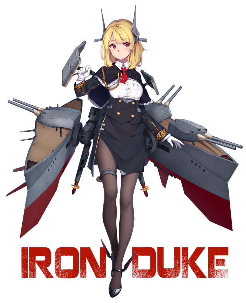 1girl absurdres anchor arnold-s battleship black_legwear blonde_hair cannon capelet chains character_name commentary_request eyebrows_visible_through_hair full_body gloves headgear high_heels highres hms_iron_duke_(battleship) jacket long_sleeves machinery mecha_musume medium_hair military military_jacket military_uniform military_vehicle naval_uniform neckerchief original pantyhose personification propeller red_eyes red_neckwear royal_navy searchlight ship simple_background skirt solo standing thigh_strap turret uniform warship watercraft white_background white_gloves