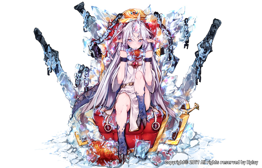 1girl apple artist_name barefoot blue_eyes blush boned_meat chains claws closed_mouth dragon_girl dragon_tail dress eating fewer_digits food frozen fruit highres horns hplay ice knee_up long_hair looking_at_viewer meat original pelvic_curtain pointy_ears sash silver_hair simple_background sitting solo sword tail throne very_long_hair watermark weapon white_background white_dress