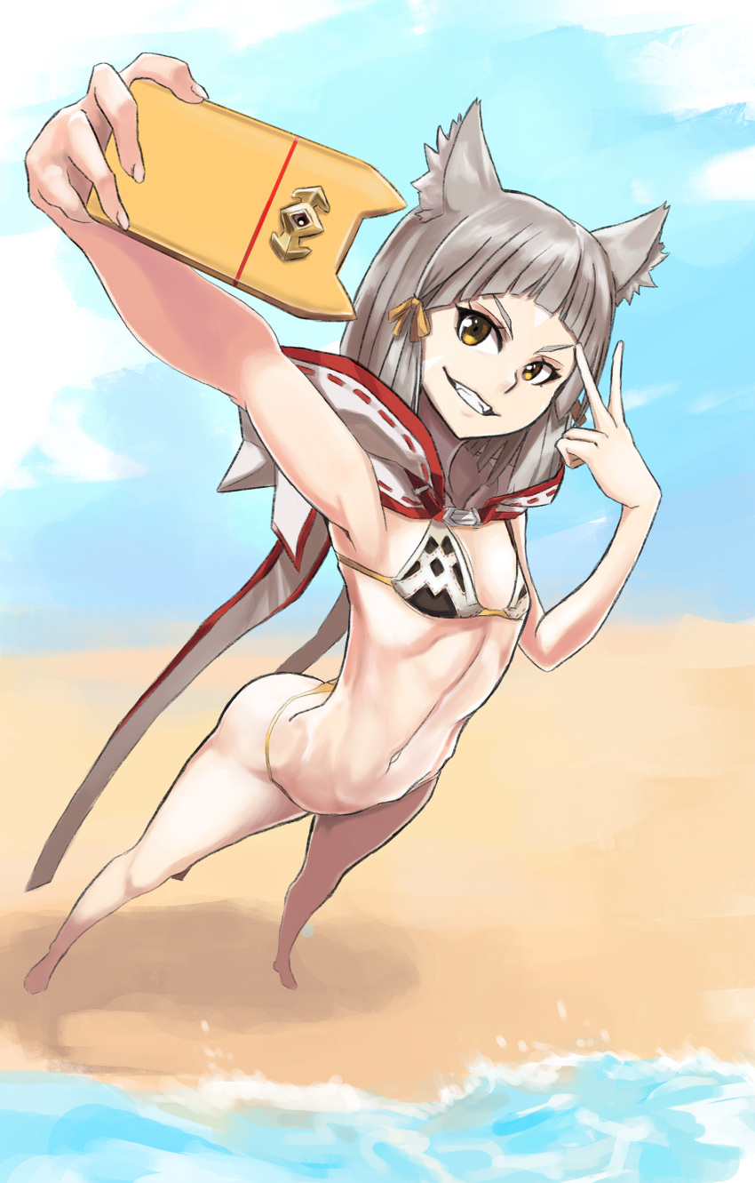 1girl absurdres animal_ears bangs beach bikini blunt_bangs cat_ears cellphone damagefloor highres looking_at_viewer navel niyah phone self_shot short_hair silver_hair smile solo swimsuit v xenoblade xenoblade_2 yellow_eyes