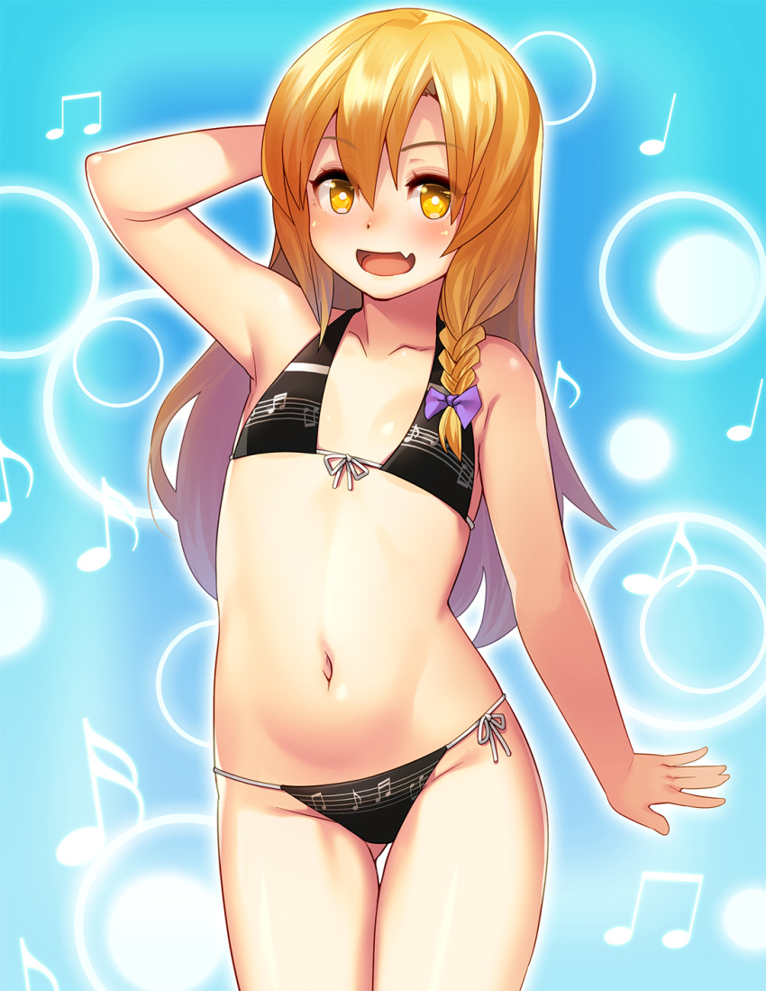 1girl arm_behind_head bangs bare_arms bare_shoulders bikini black_bikini blonde_hair blue_background bow braid cookie_(touhou) cowboy_shot fang flat_chest front-tie_bikini front-tie_top gluteal_fold hair_bow halter_top halterneck highres long_hair looking_at_viewer musical_note navel open_mouth purple_bow rei_(cookie) side-tie_bikini side_braid smile solo stomach string_bikini swimsuit tarmo thigh_gap yellow_eyes