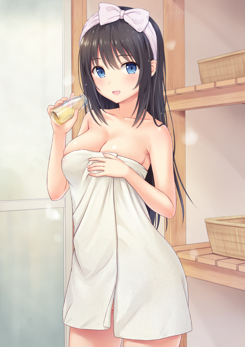 1girl absurdres bangs bare_shoulders black_hair blue_eyes blush bottle breasts changing_room cleavage cowboy_shot enty_reward eyebrows_visible_through_hair hand_on_own_chest hands_up highres holding holding_bottle indoors large_breasts long_hair looking_at_viewer n.g. naked_towel open_mouth original sidelocks smile solo towel