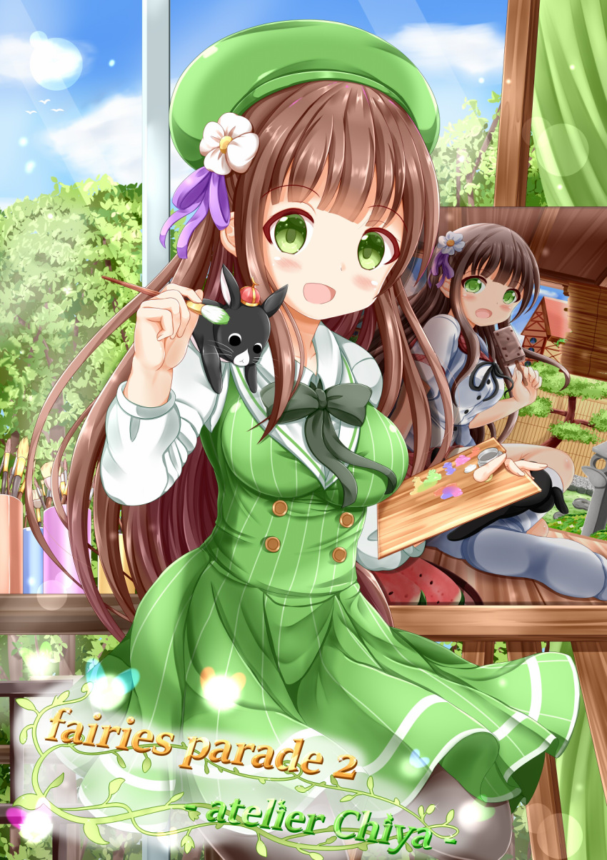 1girl :d animal anko_(gochiusa) bangs beret bird black_legwear blouse blue_sky blunt_bangs blush bow bowtie breasts brown_hair building canvas character_name clouds collared_shirt commentary_request curtains day dress english eyebrows_visible_through_hair flower food gochuumon_wa_usagi_desu_ka? green_dress green_eyes grey_neckwear hair_flower hair_ornament hat highres holding holding_food hoto_cocoa's_school_uniform indoors large_breasts long_hair looking_at_viewer no_shoes open_mouth paint paintbrush painting painting_(object) palette pantyhose plaid plaid_sailor_collar plaid_skirt plant purple_ribbon rabbit red_sailor_collar red_skirt ribbon shirt sitting skirt sky smile tree ujimatsu_chiya undershirt vines wagashi white_blouse white_flower white_shirt window wing_collar youkan_(food) zenon_(for_achieve)