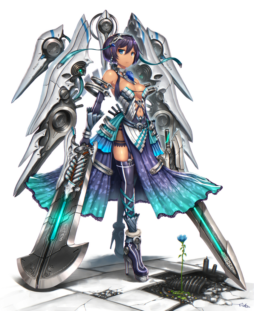 1girl bare_shoulders blue_eyes boots breasts closed_mouth dark_skin dress elbow_gloves fingerless_gloves flower frown full_body gia gloves hair_between_eyes high_heel_boots high_heels highres holding holding_sword holding_weapon looking_at_viewer machinery mecha medium_breasts navel original purple_dress purple_hair purple_legwear short_hair signature simple_background standign sword thigh-highs v-shaped_eyebrows weapon white_background