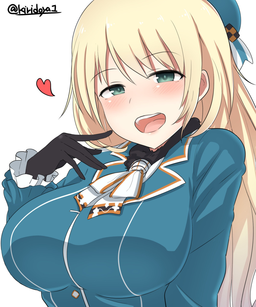 1girl absurdres atago_(kantai_collection) beret blonde_hair blue_eyes blue_hat blue_jacket blush breasts eyebrows_visible_through_hair frilled_sleeves frills hand_to_own_mouth hat heart highres jacket kantai_collection kiritto large_breasts long_hair long_sleeves looking_at_viewer open_mouth simple_background solo straight_hair teeth tongue twitter_username white_background