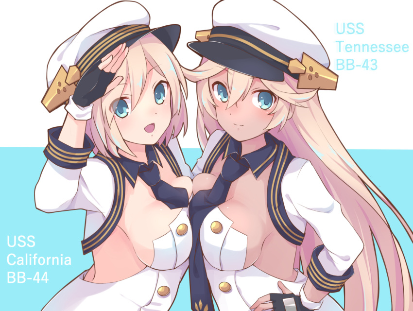 2girls :d azur_lane bangs between_breasts black_gloves blonde_hair blue_background blue_eyes blue_neckwear blush bob_cut breast_press breasts bursting_breasts california_(azur_lane) character_name cleavage closed_mouth cropped_jacket crossed_bangs dark_skin detached_collar dress eyebrows eyebrows_visible_through_hair eyes_visible_through_hair facing_another fingerless_gloves gloves hair_between_eyes hat highres jacket long_hair looking_at_viewer medium_breasts multicolored multicolored_background multiple_girls necktie necktie_between_breasts no_bra number open-back_dress open_mouth sawara_(starligtvision) short_hair sideboob smile symmetrical_docking tennessee_(azur_lane) text tongue two-tone_background upper_body very_long_hair white_background white_dress white_hat white_jacket