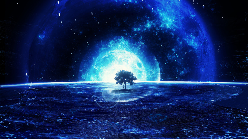 ambiguous_gender highres lens_flare original outdoors planet scenery sky solo space standing star_(sky) starry_sky tree under_tree y_y_(ysk_ygc)