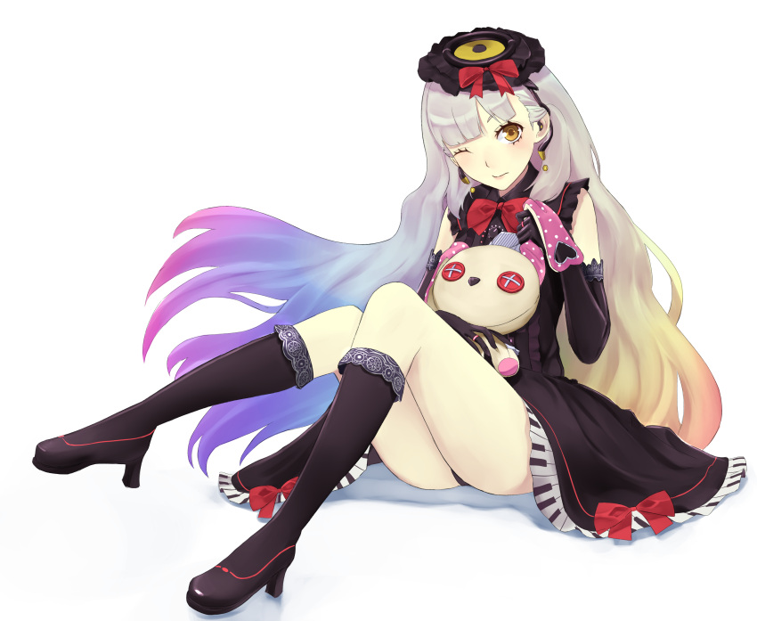 1girl absurdres bare_legs black_dress black_gloves black_legwear black_panties blonde_hair boots bow buttons dress earphones earrings elbow_gloves full_body gloves hair_ornament high_heel_boots high_heels highres holding holding_stuffed_animal jewelry lolita_fashion long_hair looking_at_viewer mayu_(vocaloid) multicolored_hair one_eye_closed panties piano_print red_bow ribbon-trimmed_dress simple_background sitting solo stuffed_animal stuffed_bunny stuffed_toy thigh-highs thigh_boots thighs underwear very_long_hair vocaloid white_background yellow_eyes