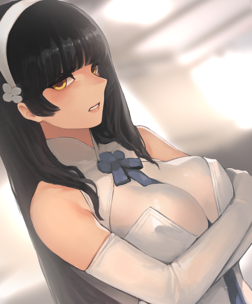 1girl absurdres bangs between_breasts black_hair blunt_bangs breasts crossed_arms dress elbow_gloves girls_frontline gloves hairband highres jitome large_breasts long_hair looking_at_viewer parted_lips qbz-95_(girls_frontline) sidelocks skin_tight solo sungwon upper_body white_dress white_gloves yellow_eyes