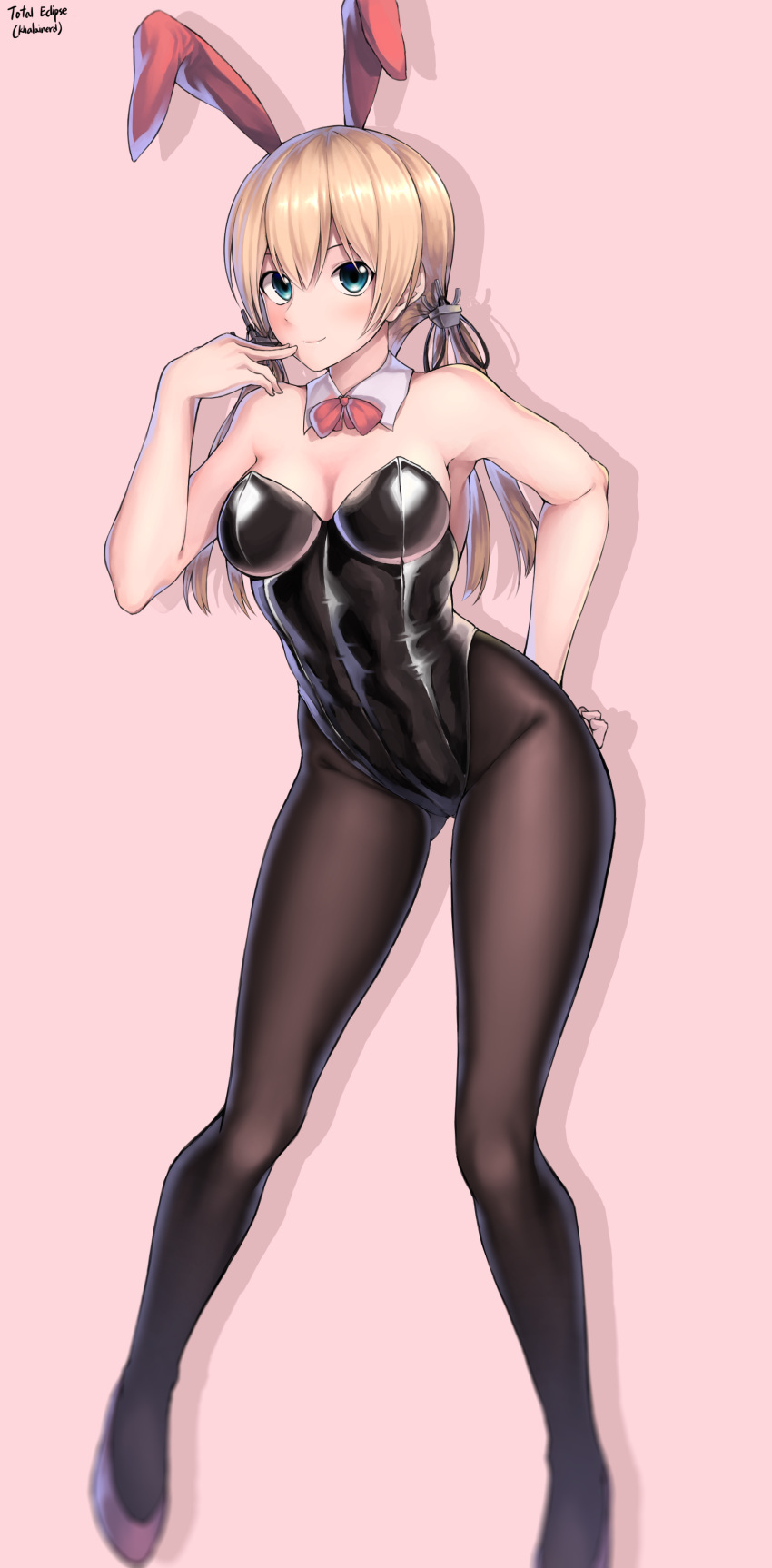 1girl absurdres alternate_costume anchor_hair_ornament aqua_eyes armpits black_legwear black_leotard blonde_hair blush breasts bunny_girl bunnysuit cleavage closed_mouth contrapposto detached_collar full_body gluteal_fold hair_between_eyes hair_ornament highleg highleg_leotard highres kagi_f kantai_collection leotard looking_at_viewer low_twintails medium_breasts neck_ribbon pantyhose prinz_eugen_(kantai_collection) red_ribbon ribbon smile solo twintails
