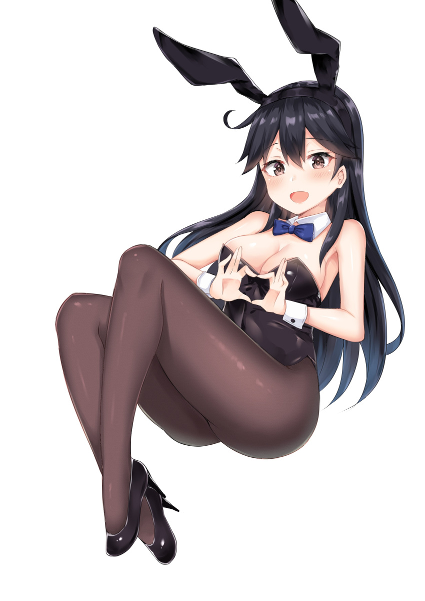 1girl :d absurdres ahoge animal_ears bangs bare_shoulders black_hair blush bow bowtie breasts brown_eyes bunny_girl bunnysuit cleavage coffeedog commentary detached_collar fake_animal_ears full_body hair_between_eyes heart heart_hands high_heels highres kantai_collection large_breasts long_hair open_mouth pantyhose rabbit_ears simple_background smile solo ushio_(kantai_collection) white_background wrist_cuffs