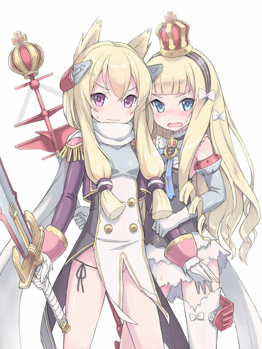 2girls animal_ears arm_grab azur_lane bangs black_panties blonde_hair blue_eyes blunt_bangs blush bow closed_mouth commentary_request crown detached_sleeves elbow_gloves eyebrows_visible_through_hair gloves grey_gloves hair_between_eyes hair_bow hair_ornament hairband highres holding holding_sword holding_weapon kimagure_blue long_hair long_sleeves looking_at_viewer multiple_girls nose_blush open_mouth panties queen_elizabeth_(azur_lane) ringlets scarf sidelocks simple_background sweat sword thigh-highs underwear v-shaped_eyebrows very_long_hair violet_eyes warspite_(azur_lane) wavy_mouth weapon white_background white_bow white_gloves white_legwear white_scarf