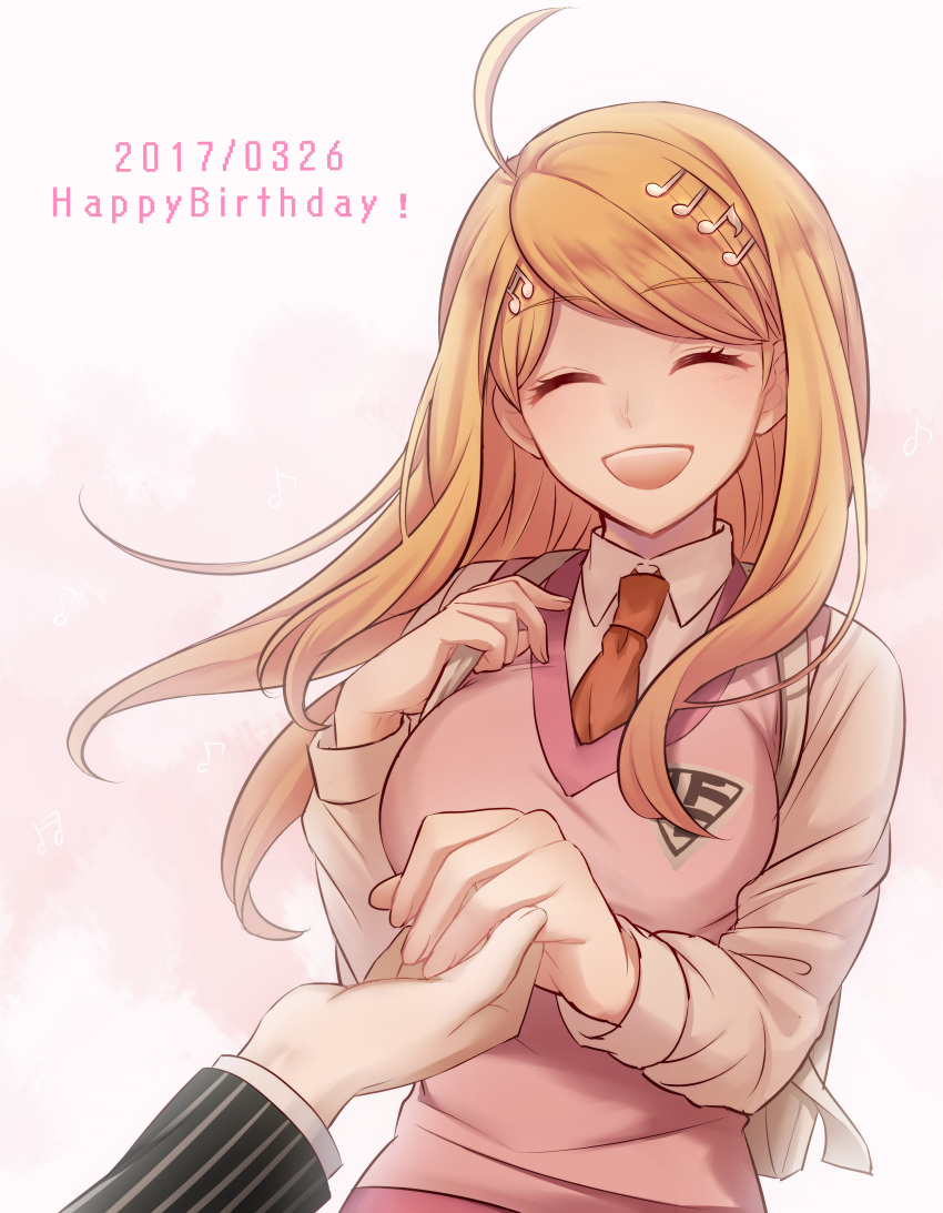 1girl 2017 absurdres ahoge akamatsu_kaede aomi_ayu blonde_hair brown_neckwear closed_eyes dangan_ronpa dated eyebrows_visible_through_hair floating_hair hand_holding happy_birthday highres long_hair musical_note_hair_ornament necktie new_dangan_ronpa_v3 open_mouth pink_sweater shirt smile sweater sweater_vest upper_body white_shirt