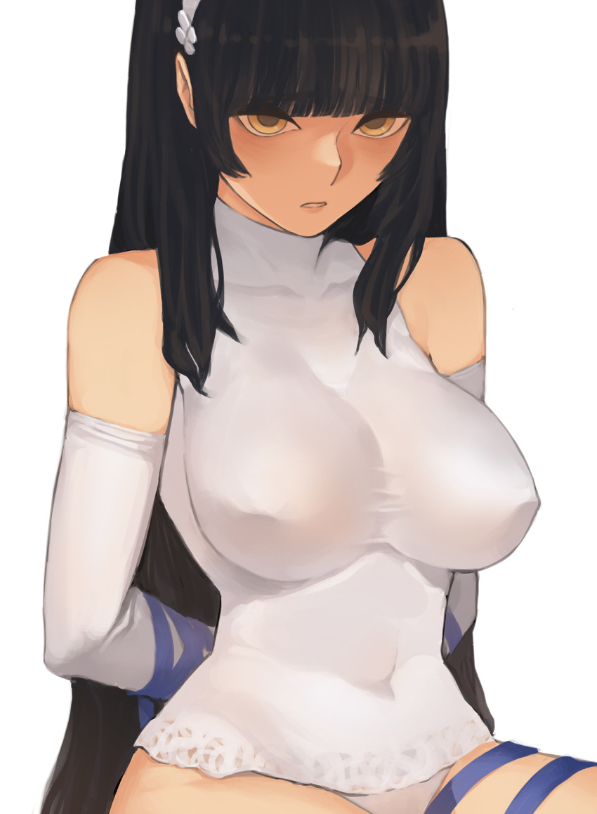 1girl absurdres bangs black_hair blue_ribbon blunt_bangs breasts brown_eyes collarbone elbow_gloves erect_nipples girls_frontline gloves hairband highres large_breasts long_hair navel parted_lips qbz-95_(girls_frontline) ribbon sidelocks simple_background solo sungwon turtleneck white_background white_gloves