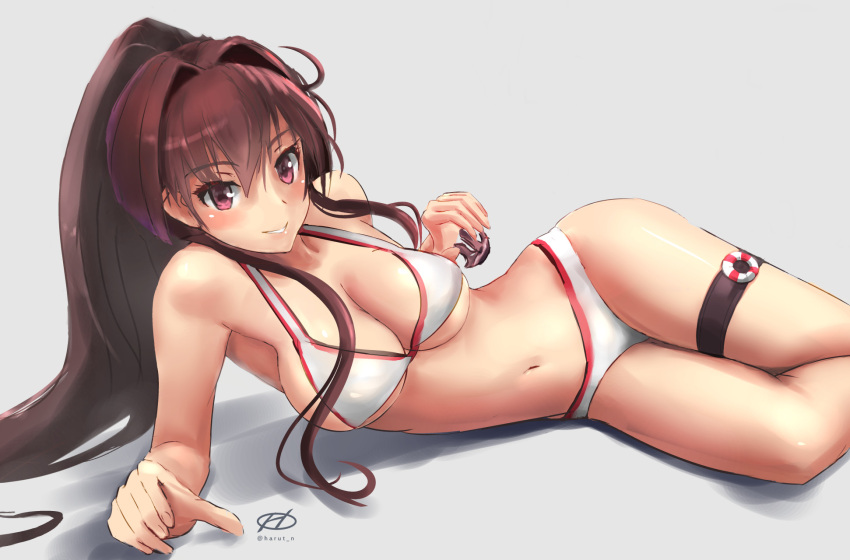 1girl alternate_costume arm_support bikini breasts brown_eyes grey_background hair_between_eyes haruto_(harut_n) highres kantai_collection large_breasts long_hair navel parted_lips ponytail revision shadow shiny shiny_skin simple_background smile solo swimsuit white_bikini yamato_(kantai_collection)