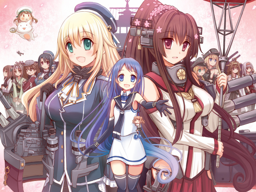 6+girls :d ahoge aircraft airplane atago_(kantai_collection) bangs bare_shoulders beret bismarck_(kantai_collection) black_gloves black_hair black_legwear blonde_hair blue_eyes blue_hair brown_eyes brown_hair cannon cat cherry_blossoms chibi commentary_request detached_sleeves elbow_gloves error_musume fairy_(kantai_collection) flower gloves gradient_hair green_eyes hachimaki hair_flower hair_ornament hairband hat headband headgear high_ponytail japanese_clothes kantai_collection kariginu kongou_(kantai_collection) light_brown_hair long_hair looking_at_viewer machinery michishio_(kantai_collection) military military_hat military_uniform multicolored_hair multiple_girls muneate neckerchief nontraditional_miko open_mouth peaked_cap petals ponytail prinz_eugen_(kantai_collection) red_eyes red_skirt revision rizuriri ryuujou_(kantai_collection) sailor_collar samidare_(kantai_collection) school_uniform serafuku ship shirt short_hair shoukaku_(kantai_collection) silver_hair skirt sleeveless sleeveless_shirt smile swept_bangs taihou_(kantai_collection) takao_(kantai_collection) thigh-highs twintails umbrella uniform very_long_hair visor_cap watercraft yamato_(kantai_collection) zettai_ryouiki zuihou_(kantai_collection)