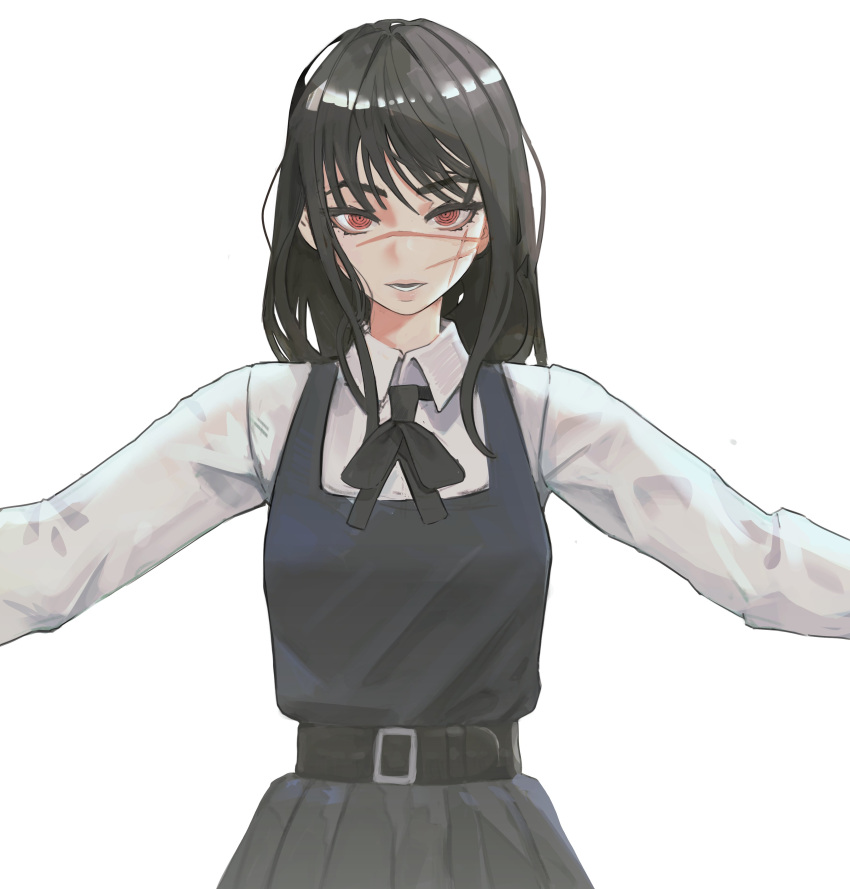 1girl absurdres bangs belt black_belt black_dress black_hair chainsaw_man dress highres long_hair long_sleeves mitaka_asa parted_lips pinafore_dress red_eyes ringed_eyes scar scar_on_cheek scar_on_face scar_on_nose shadow shirt simple_background solo tefduck upper_body white_background white_shirt