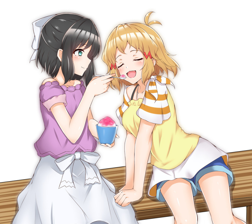 2girls bare_shoulders bench black_hair blush bow brown_hair closed_eyes denim denim_shorts etan14 feeding green_eyes hair_bow hair_ornament hairclip kohinata_miku medium_hair multiple_girls open_mouth senki_zesshou_symphogear shaved_ice shorts sitting smile spoon tachibana_hibiki_(symphogear) yuri