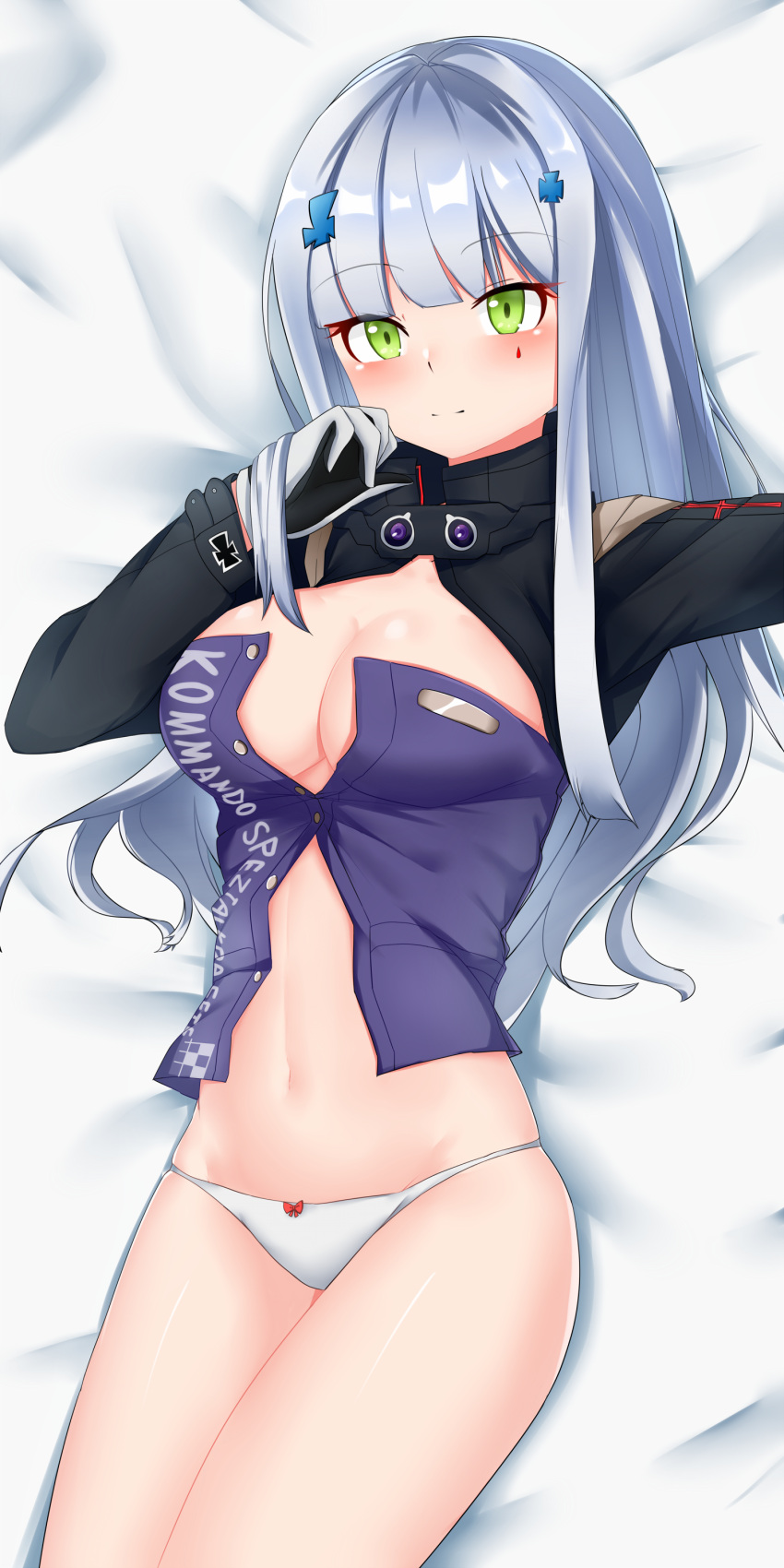 1girl absurdres bangs bed_sheet black_gloves black_jacket blue_shirt blunt_bangs blush bow bow_panties breasts closed_mouth eyebrows_visible_through_hair facial_mark girls_frontline gloves green_eyes grey_gloves hand_up highres hk416_(girls_frontline) jacket legs_together long_hair long_sleeves looking_at_viewer lying mapyarong medium_breasts on_back panties partially_unbuttoned red_bow shirt sidelocks silver_hair smile solo strapless teardrop thighs tubetop underwear white_panties