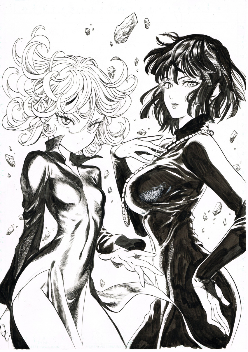 2girls absurdres bangs breasts closed_mouth covered_navel cowboy_shot debris dress floating_hair fubuki_(one-punch_man) greyscale hair_between_eyes highres impossible_clothes jewelry long_sleeves looking_at_viewer medium_breasts monochrome multiple_girls murata_yuusuke necklace no_panties official_art one-punch_man pearl_necklace pelvic_curtain short_hair siblings sisters small_breasts tatsumaki traditional_media